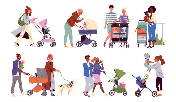 Parents and babies on walk set. Happy family with little kids in pushchairs spend time outdoor. Parenthood, children and newborn concept. Cartoon flat vector collection isolated on white background