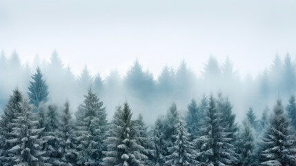 Fototapeta na wymiar Snow-Covered Pine Trees in a Foggy Woodland