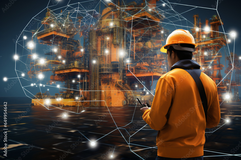 Poster engineer using vr goggles to view oil platform and plan repairs and maintenance with visual overlay