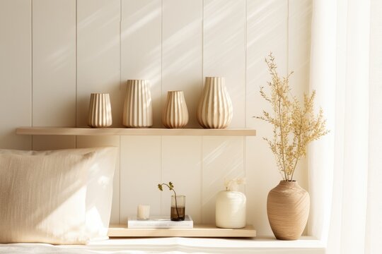 White Farmhouse Luxury Modern Bedroom Interior with Soft Flufly Pillow and Neutral Styling on Shelf with Floral Arrangement in Clay Vase