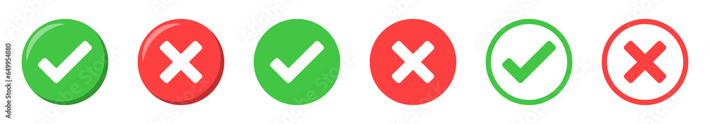 Aufkleber check mark icon button set. check box icon with right and wrong buttons and yes or no checkmark icons in green tick box and red cross. vector illustration