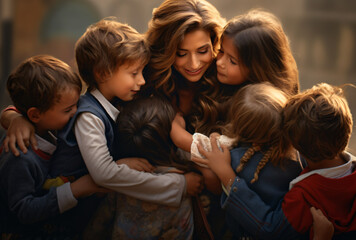 Group leader giving hugs to children