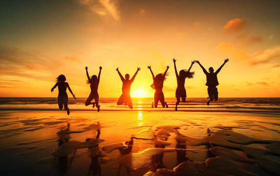 Group of six friends jumping in the air in front of sunset