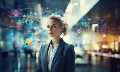 Business woman in suit standing in a futuristic office on technology AI connectivity infographic background