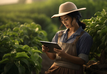 Young female Asian farmer using a tablet computer in farm