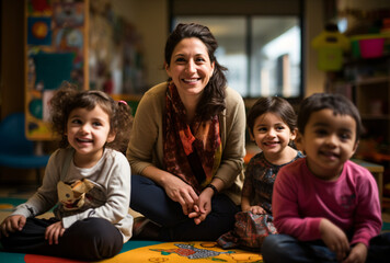 Fototapeta premium Kindergarten teacher sitting on the floor with children