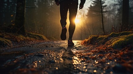wet road through forest with blurred feet running of trail runner. 
