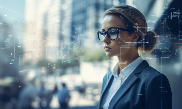 Business woman with a building background and AI technology infographic overlay - Powered by Adobe