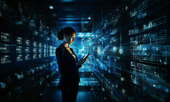 Business woman using a mobile phone in a server room, female using technology and artificial intelligence for business by entering a command prompt