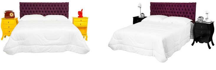 Cama de casal com cabeceira almofadada de cor vinho e edredom de cor branco e dois criados mudo de...