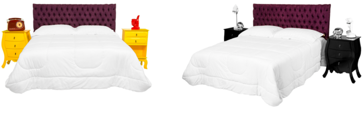 Cama de casal com cabeceira almofadada de cor vinho e edredom de cor branco e dois criados mudo de cor preto e amarelo. São Paulo, Brasil. Formato de arquivo png fundo transparente.