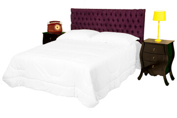 Cama de casal com cabeceira almofadada de cor vinho e  edredom de cor branco e dois criados mudo de cor preta. São Paulo, Brasil.   Formato de arquivo png fundo transparente.