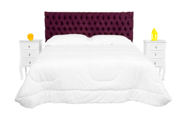 Cama de casal com cabeceira almofadada de cor vinho e  edredom de cor branco e dois criados mudo de cor branca. São Paulo, Brasil. Formato de arquivo png fundo transparente.