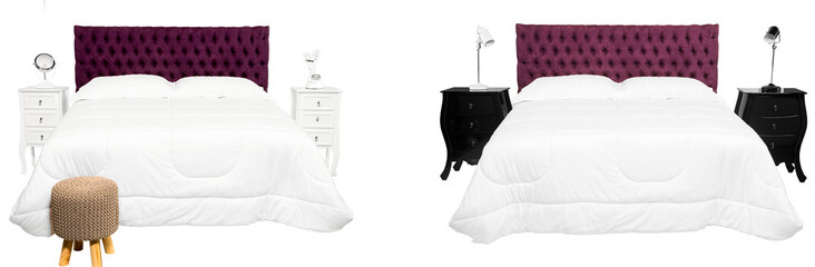 Cama de casal com cabeceira almofadada de cor vinho e  edredom de cor branco e dois criados mudo de...