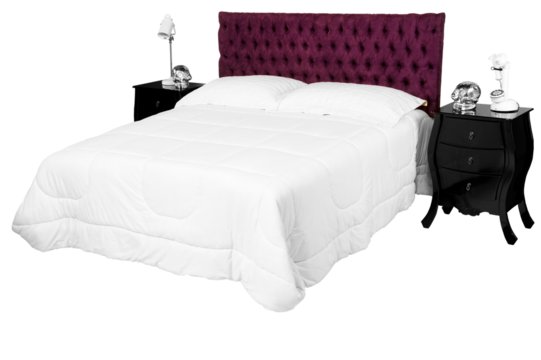 Cama de casal com cabeceira almofadada de cor vinho e edredom de cor branco e dois criados mudo de cor preta. São Paulo, Brasil. Formato de arquivo png fundo transparente.