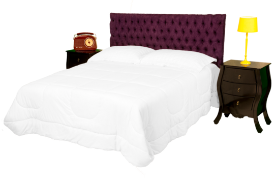 Cama de casal com cabeceira almofadada de cor vinho e  edredom de cor branco e dois criados mudo de cor preta. São Paulo, Brasil.   Formato de arquivo png fundo transparente.