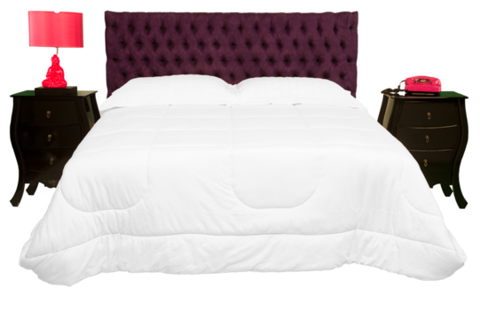 Cama de casal com cabeceira almofadada de cor vinho e  edredom de cor branco e dois criados mudo de cor preta. São Paulo, Brasil.   Formato de arquivo png fundo transparente.