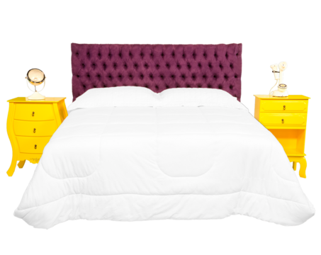 Cama de casal com cabeceira almofadada de cor vinho e edredom de cor branco e dois criados mudo de cor amarela. São Paulo, Brasil. Formato de arquivo png fundo transparente.