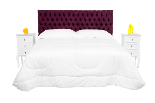 Cama de casal com cabeceira almofadada de cor vinho e  edredom de cor branco e dois criados mudo de cor branca. São Paulo, Brasil. Formato de arquivo png fundo transparente.