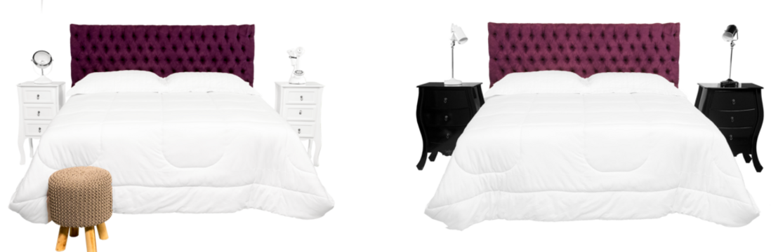 Cama de casal com cabeceira almofadada de cor vinho e  edredom de cor branco e dois criados mudo de cor preta. São Paulo, Brasil.   Formato de arquivo png fundo transparente.