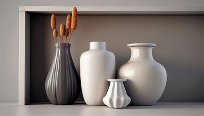 Ceramics vases on the shelf with white and minimalist background, Ai generated image