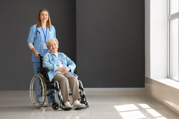 Female caregiver with senior woman in wheelchair indoors