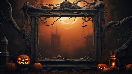 Halloween design - mock up with pumpkins and skeleton skulls on a dark background with copy space. Horror background. Space for your festive Halloween text.