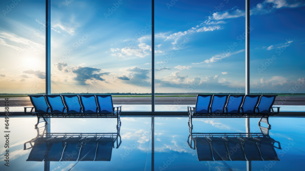 Poster two empty chairs in front of a large window with a view of the sky, ai