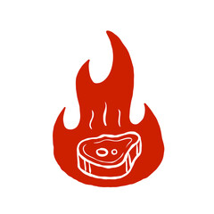 Barbecue logo. Grilled meat on fire. Red silhouette of brazier flame. Simple cartoon illustration isolated on white.