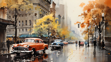 Downtown New York city. streets in the rain. new york, 1950s. ai generative