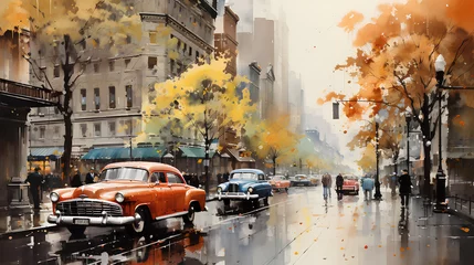 Fotobehang Aquarelschilderij wolkenkrabber  Downtown New York city. streets in the rain. new york, 1950s. ai generative