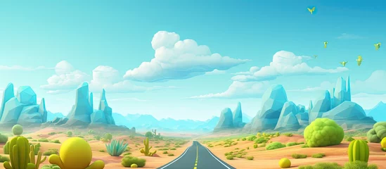 Fotobehang illustration of a floating road with desert mountains and a beautiful landscape featuring a highway surrounded by a flying forest with trees mountains and animals Designed for travel and to © AkuAku