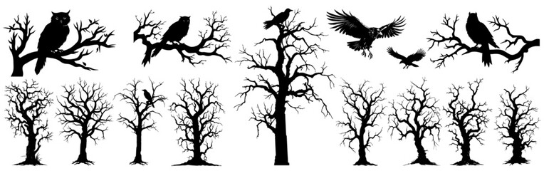 dead dried scary tree silhouette trees forest illustration. halloween vector raven owl