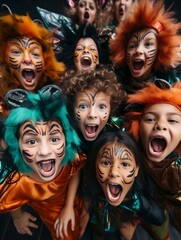 Group of kids wearing halloween costumes screaming