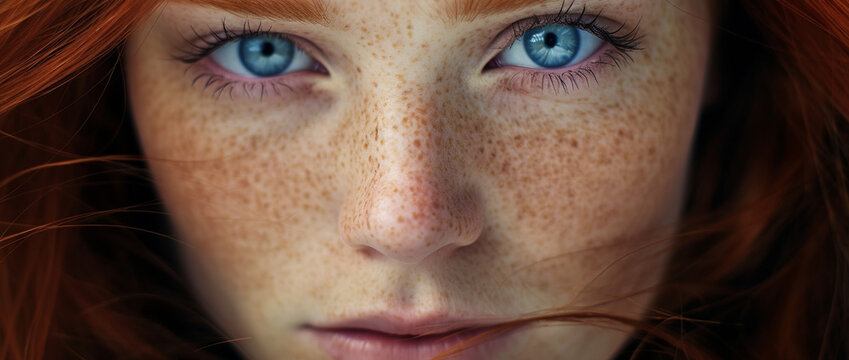M&iacute;stica Intensidad de una Belleza Pelirroja con Mirada Penetrante en un Close-Up de Ojos Azules Profundos, Revelando la Seducci&oacute;n de sus Pecas y el Enigma de su Retrato