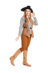 Beautiful female pirate on white background