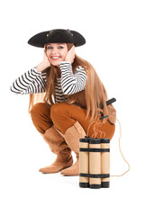 Female pirate with dynamite on white background
