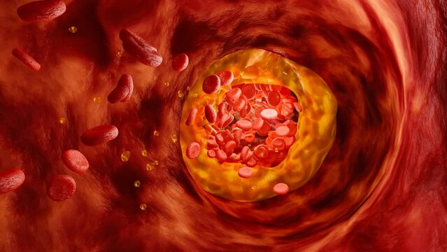 Hyperlipidemia or arteriosclerosis. Blocked artery concept and human blood vessel as a disease with cholesterol fat buildup clogging. Clogged arteries, Cholesterol plaque in the artery. 3D Rendering