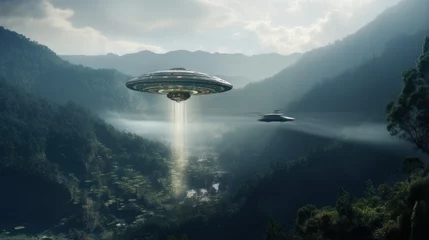 Rolgordijnen UFO a ufos flying over a valley