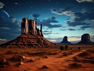 a desert landscape with a large rock formation