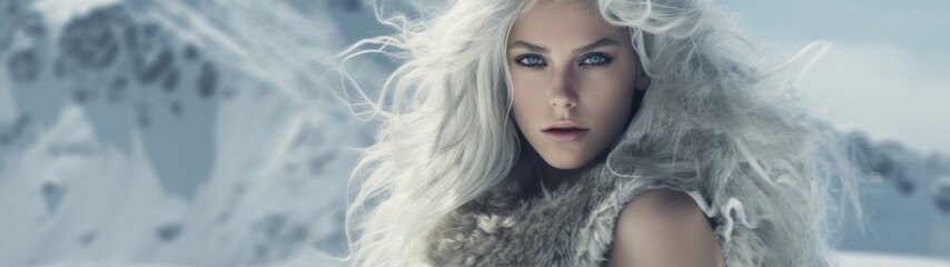 a woman with long white hair and blue eyes