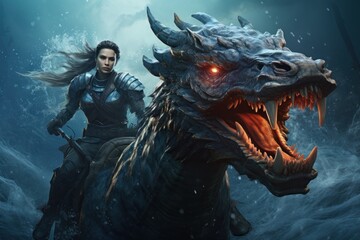 a woman riding a dragon