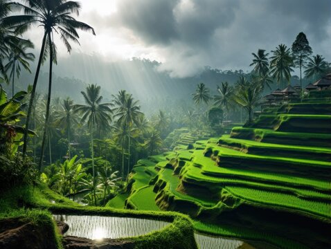 a green terraced fields with palm trees and a building