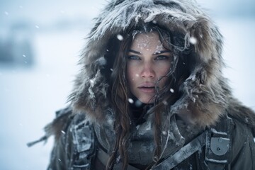a woman wearing a fur hood with snow on her head