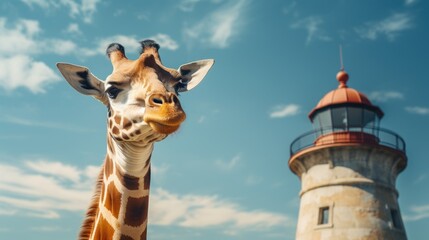 a giraffe standing in front of a lighthouse