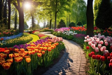 a path with colorful flowers and trees