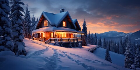 a house with lights on it in the snow - obrazy, fototapety, plakaty