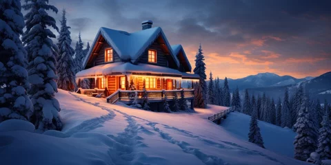 Foto op Aluminium a house with lights on it in the snow © sam