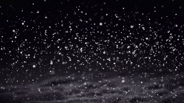 Realistic snowflakes fly in the air on a black background and fall on the snow. Snowfall on a black background.