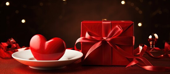 Heart shaped plates holiday table setup with red background and gift box